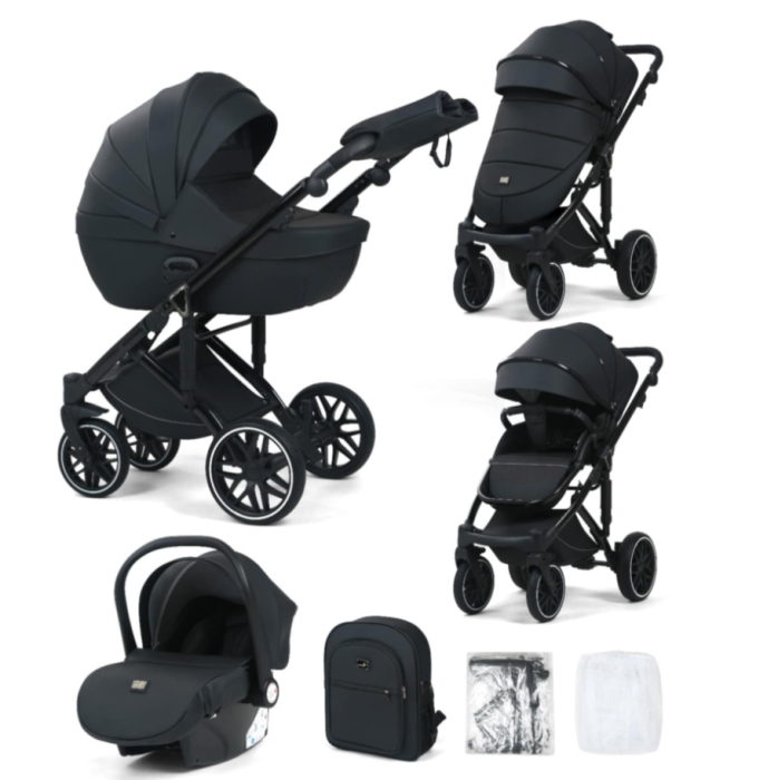 Carucior 3 in 1, 0-36 luni, Colectia Fizio-Lux, Piese distincte, Reversibil, Cu Suspensii, Husa de ploaie si insecte, Manusi de protectie, Eco-piele, Negru [1]