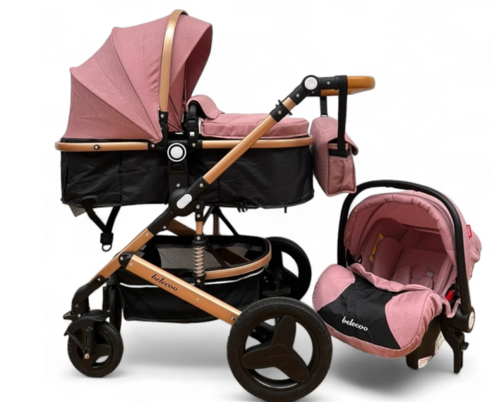 Carucior 3 in 1, Cu landou Reversibil, copertina extensibila, geanta pentru scutece, Belecoo, Cu scoica auto [7]