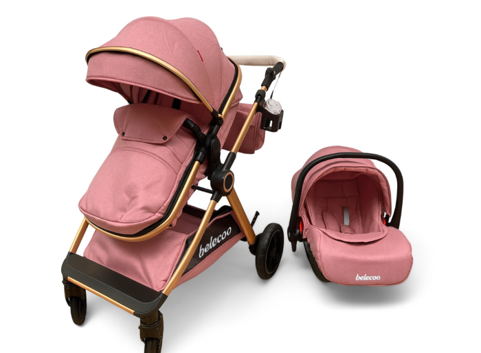 Carucior 3 in 1, Cu landou Reversibil, copertina extensibila, geanta pentru scutece, Belecoo, Cu scoica auto [3]