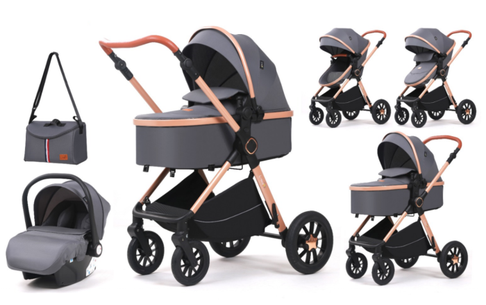 Carucior, 3 in 1, cu suspensii duble si landou reversibil, Element sustinere dublu, L-Sun, Gri [1]