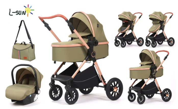 Carucior, 3 in 1, cu suspensii duble si landou reversibil, Element sustinere dublu, L-Sun, Kaki [2]