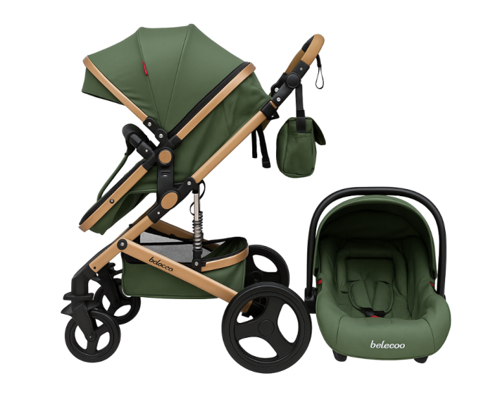 Carucior 3 in 1, Geanta de scutece, Suspensie dinamica pe roata si cadru, Belecoo, verde army [1]