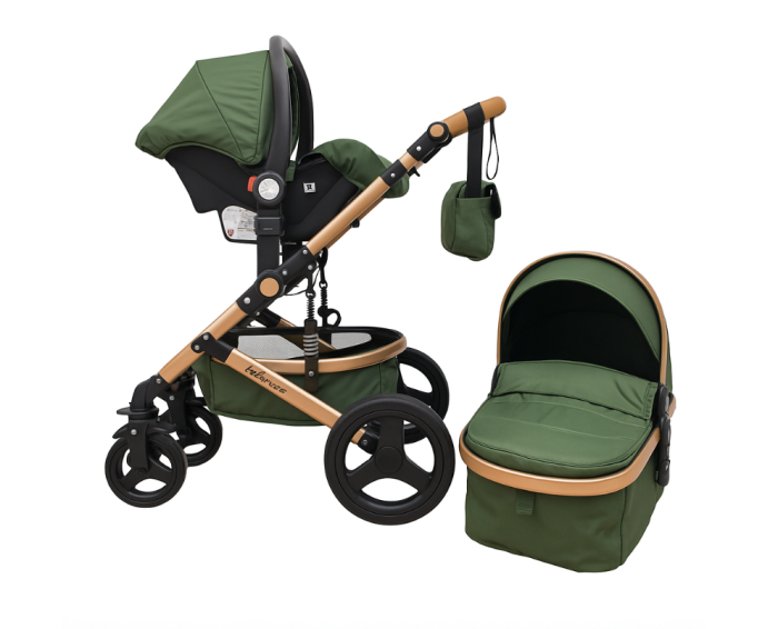 Carucior 3 in 1, Geanta de scutece, Suspensie dinamica pe roata si cadru, Belecoo, verde army [4]