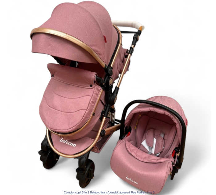 Carucior 3 in 1, Geanta de scutece, Suspensie dinamica pe roata si cadru, Roz pudra [5]