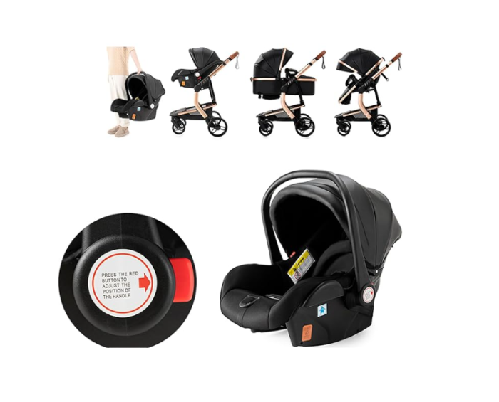 Carucior 3 in 1, Geanta de scutece, Suspensii,  Cadru ergonomic si ranforsat, Rezistent la umiditate, Negru [6]