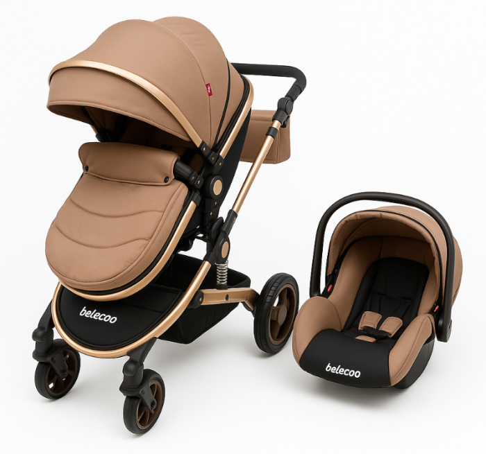 Carucior 3 in 1, Suspensie dinamica pe roti, Geanta inclusa, strangere compacta, Belecoo, Maro cu negru [2]