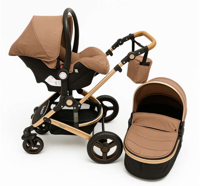 Carucior 3 in 1, Suspensie dinamica pe roti, Geanta inclusa, strangere compacta, Belecoo, Maro cu negru [3]