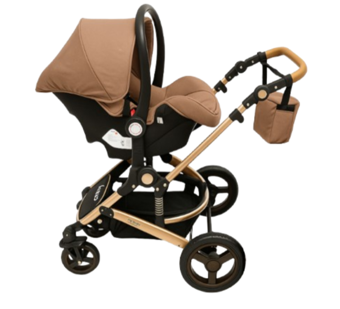 Carucior 3 in 1, Suspensie dinamica pe roti, Geanta inclusa, strangere compacta, Belecoo, Maro cu negru [6]