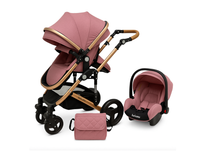 Carucior 3 in 1, Suspensie dinamica pe roti, Geanta inclusa, strangere compacta, Belecoo, Mov cu Negru [1]