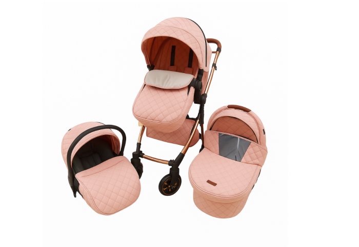 Carucior copii, 3 in 1, Cu 3 piese distincte, suspensie pe roata, reversibil, Roz [1]