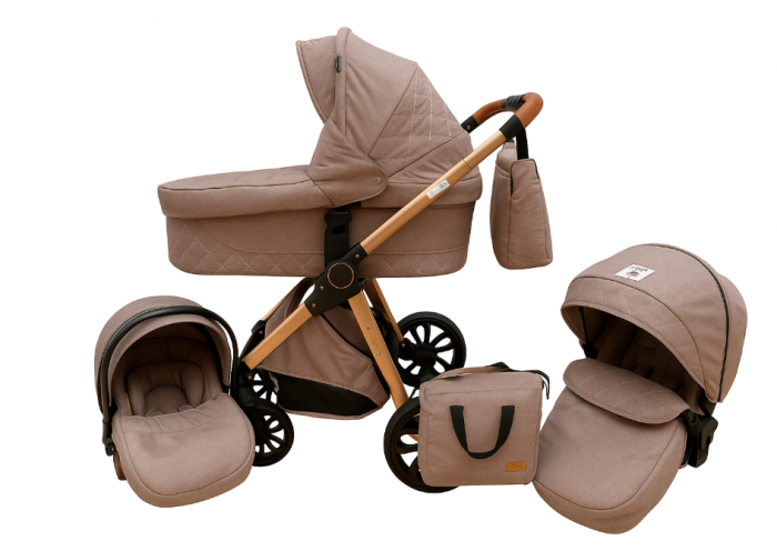 Carucior copii, 3 in 1 ,Cu 3 piese distincte, suspensie pe roata, reversibil, bej [4]