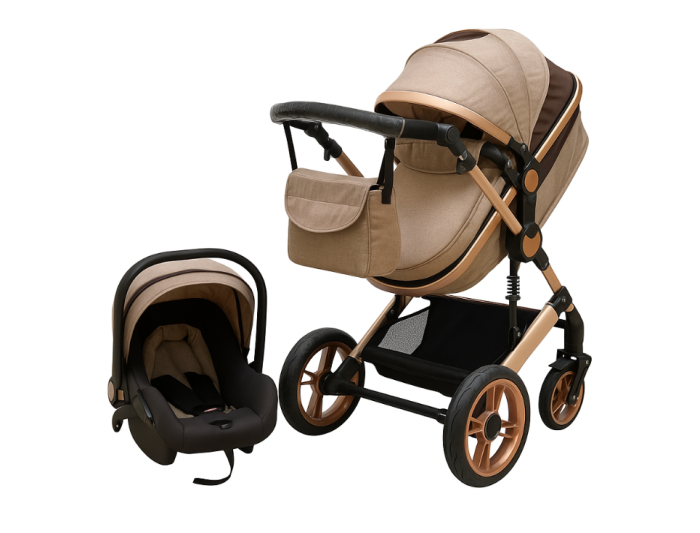 Carucior copii, 3 in 1, Ultrapliabil si cu landou reversibil, Element sustinere dubla, maner reglabil, Bej [3]