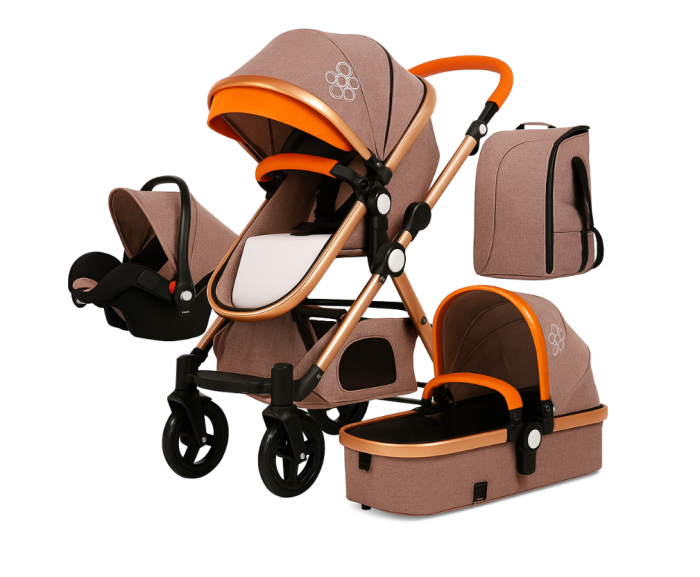 Carucior multifunctional 3 in 1, Dubla suspensie, Modul scoica inclus, Maner reversibil si telescopic, Parasolar cu piele, Saltea de infasat, Bej [1]