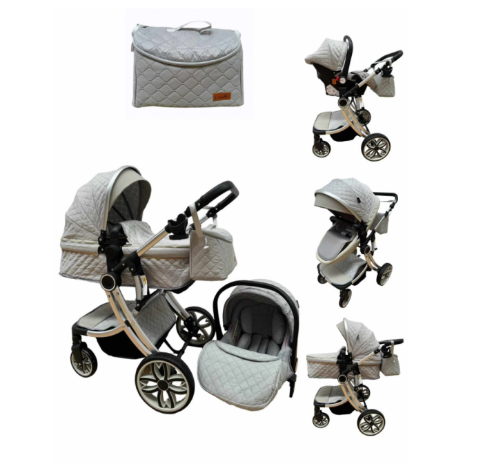 Carucior multifunctional 3 in 1, Forma anatomica, Suspensie dubla si Geanta scutece, Gri [2]