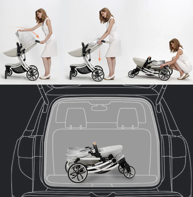 Carucior multifunctional 3 in 1, Forma anatomica, Suspensie dubla si Geanta scutece, Gri [13]