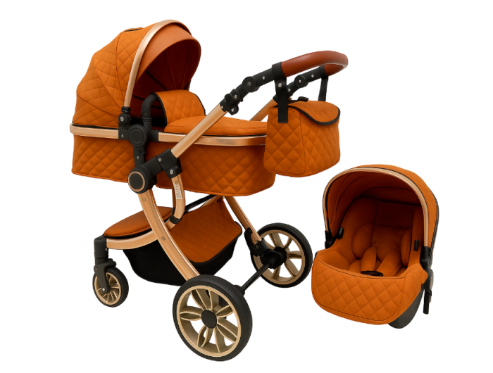 Carucior multifunctional 3 in 1, Forma anatomica, Suspensie dubla si Geanta scutece,  Portocaliu [3]