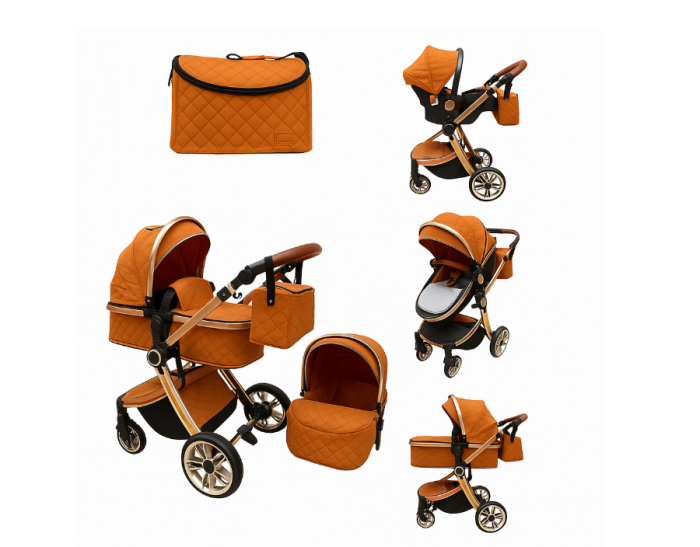 Carucior multifunctional 3 in 1, Forma anatomica, Suspensie dubla si Geanta scutece,  Portocaliu [1]