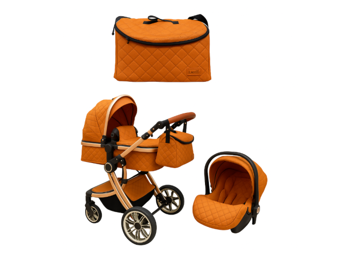 Carucior multifunctional 3 in 1, Forma anatomica, Suspensie dubla si Geanta scutece,  Portocaliu [2]