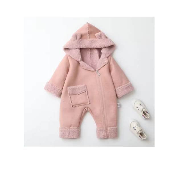 Combinezon bebelusi, Din blanita, Cu gluga si buzunar, Roz prafuit [2]