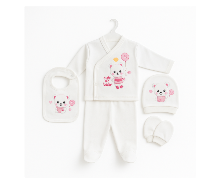 Compleu 5 piese, 0-3 luni, model ursulet cu balonase, alb roz [1]