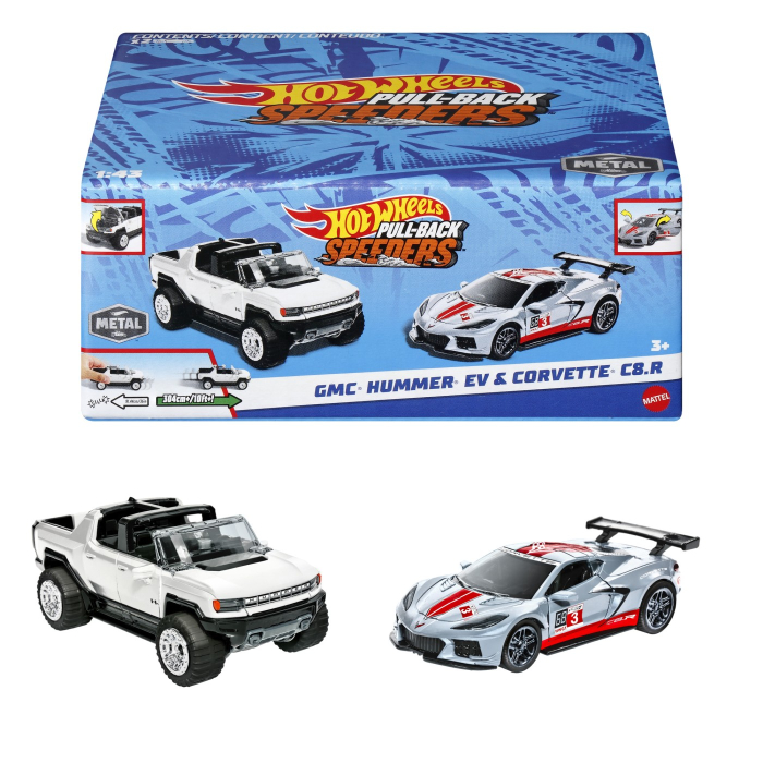 HOT WHEELS SET 2 MASINUTE METALICE PULL BACK GMC HUMMER EV SI CORVETTE C8R 1:43 [5]