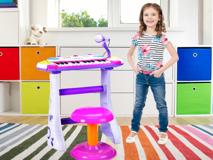 INSTRUMENT MUZICAL PIANINA ELECTRONICA MALPLAY CU SCAUN SI MICROFON 45 CM INALTIME ROZ [3]