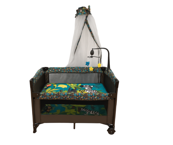 Patut bebe, 2 niveluri, cu laterala culisanta, baldachin cu suport inclus, masuta de infasat, multicolor [4]