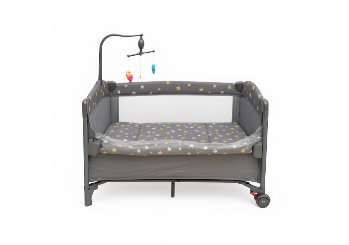 Patut pliabil, cu laterala culisanta, 2 niveluri, masa de infasat, carusel muzical, gri [2]