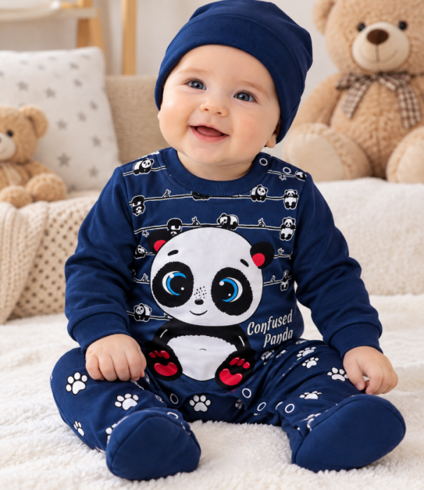 Salopetă bebe din bumbac cu imprimeu panda și botoșei, Albastra [2]