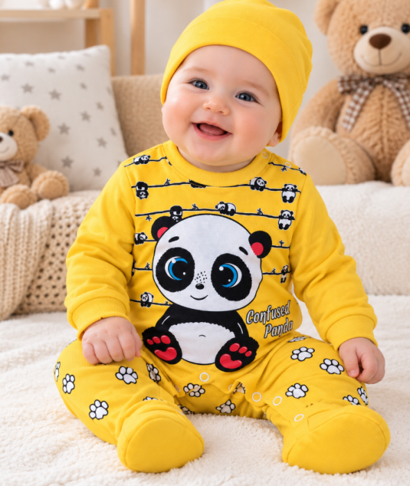 Salopetă bebe din bumbac cu imprimeu panda și botoșei, Galben [2]