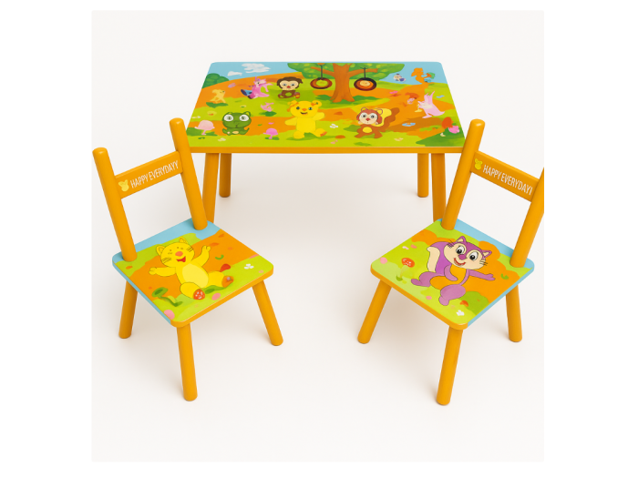 Set masuta cu 2 scaunele, Din lemn, Ilustrate animate, Portocalie [1]