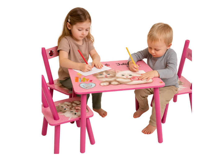 Set masuta cu 2 scaunele, Din lemn, Ilustrate animate, Roz [2]