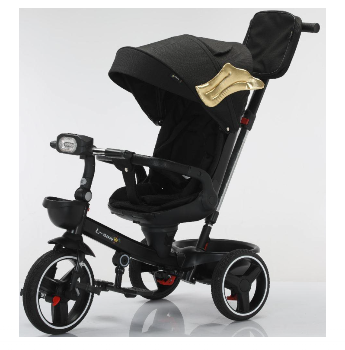 Tricicleta cu scaun reversibil, 6-36 luni, cu pozitie de somn, roata cauciuc, cu lumini si muzica, Negru [1]