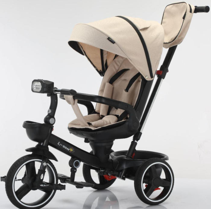 Tricicleta cu scaun reversibil, 6-36 luni, cu pozitie de somn, roata cauciuc, cu lumini si muzica, Bej [1]