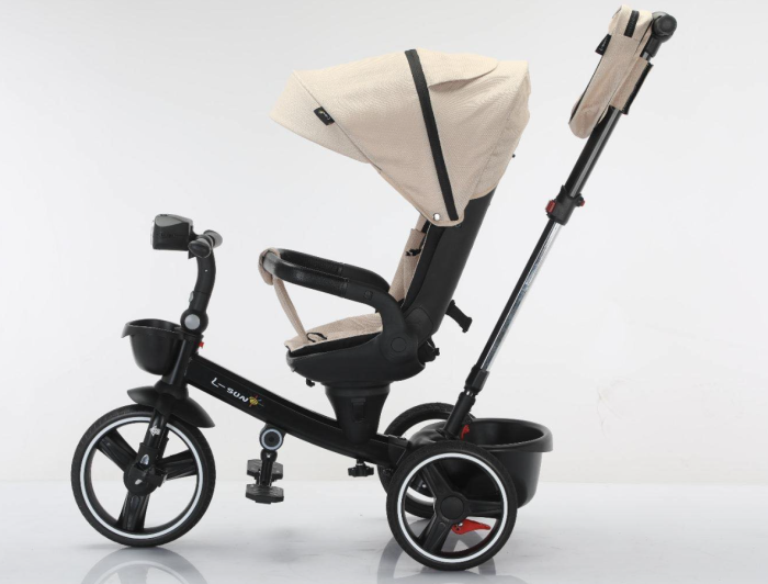 Tricicleta cu scaun reversibil, 6-36 luni, cu pozitie de somn, roata cauciuc, cu lumini si muzica, Bej [5]