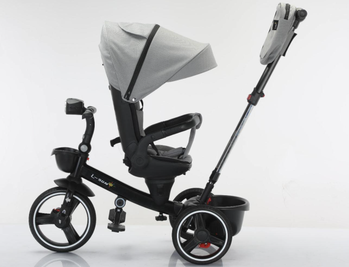 Tricicleta cu scaun reversibil, 6-36 luni, cu pozitie de somn, roata cauciuc, cu lumini si muzica, Gri [5]