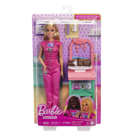 Papusi, plusuri, zane si figurine - BARBIE CARIERE SET MOBILIER CU PAPUSA DOCTOR PEDIATRU BLONDA