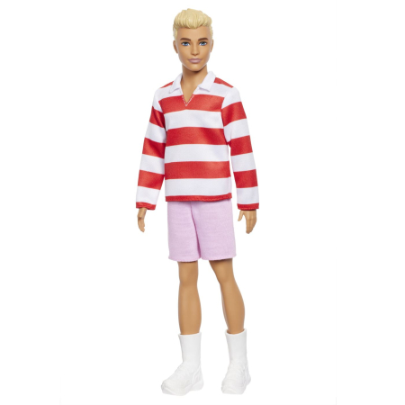 Papusi, plusuri, zane si figurine - BARBIE FASHIONISTAS PAPUSA KEN BLOND CU BLUZA POLO DUNGI ROSII ALBE