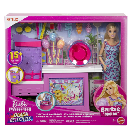 Noutati - BARBIE MYSTERIES DETECTIVI PE PLAJA SET CABINA DE JOCURI SI PAPUSA BARBIE MALIBU CU ACCESORII