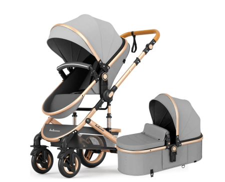 Carucioare - Carucior 2 in 1, Belecoo, cu maner protectie din piele, landou reversibil, geanta pentru accesorii, multifunctional, gri cenusiu