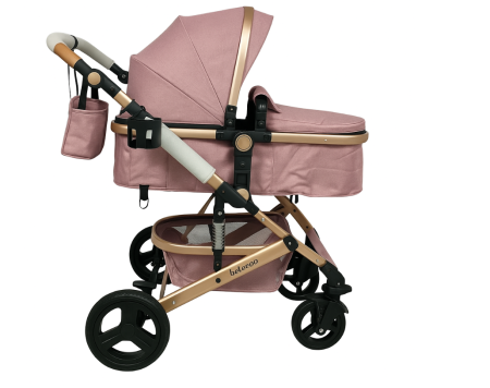 Noutati - Carucior 2 in 1, Cu landou Reversibil, Material anti-UV, Dubla Suspensie pe roata si pe cadru, Geanta pentru scutece, Roz