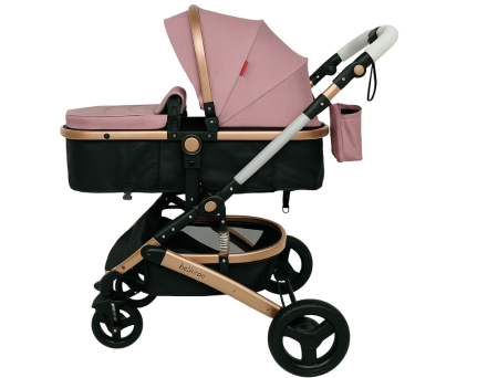 Noutati - Carucior 2 in 1, Cu landou Reversibil, Material anti-UV, Dubla Suspensie pe roata si pe cadru, Geanta pentru scutece, Roz cu Negru