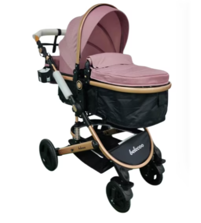 Carucior 2 in 1, Cu landou Reversibil, Material anti-UV, Dubla Suspensie pe roata si pe cadru, Geanta pentru scutece, Roz cu Negru [1]