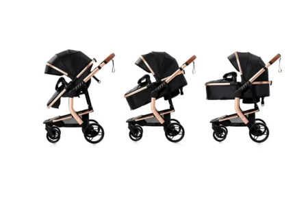 Carucior 2 in 1, Cu landou Reversibil, Material anti-UV si rezistent la umiditate, Cadru metalic ranforsat, Geanta pentru scutece, negru [3]