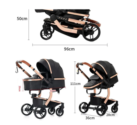 Carucior 2 in 1, Cu landou Reversibil, Material anti-UV si rezistent la umiditate, Cadru metalic ranforsat, Geanta pentru scutece, negru [9]