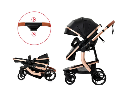 Carucior 2 in 1, Cu landou Reversibil, Material anti-UV si rezistent la umiditate, Roata antieroziune, Cadru metalic ranforsat, Geanta pentru scutece, negru [6]