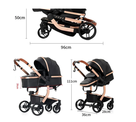 Carucior 2 in 1, Cu landou Reversibil, Material anti-UV si rezistent la umiditate, Roata antieroziune, Cadru metalic ranforsat, Geanta pentru scutece, negru [10]
