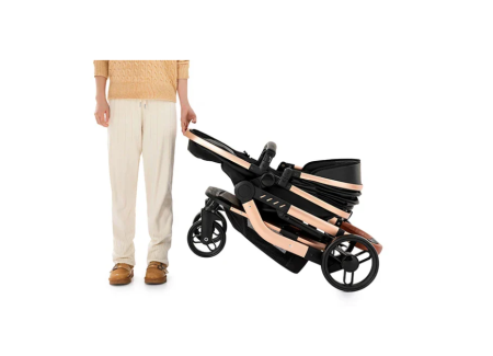 Carucior 2 in 1, Cu landou Reversibil, Material anti-UV si rezistent la umiditate, Roata antieroziune, Cadru metalic ranforsat, Geanta pentru scutece, negru [7]