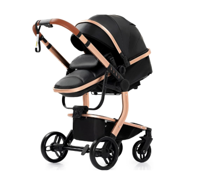 Carucior 2 in 1, Cu landou Reversibil, Material anti-UV si rezistent la umiditate, Roata antieroziune, Cadru metalic ranforsat, Geanta pentru scutece, negru [1]