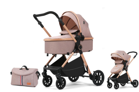Carucior 2 in 1 - Carucior 2 in 1, Cu Suspensie, Geanta inclusa, Strangere compacta, Maner reversibil, Bej